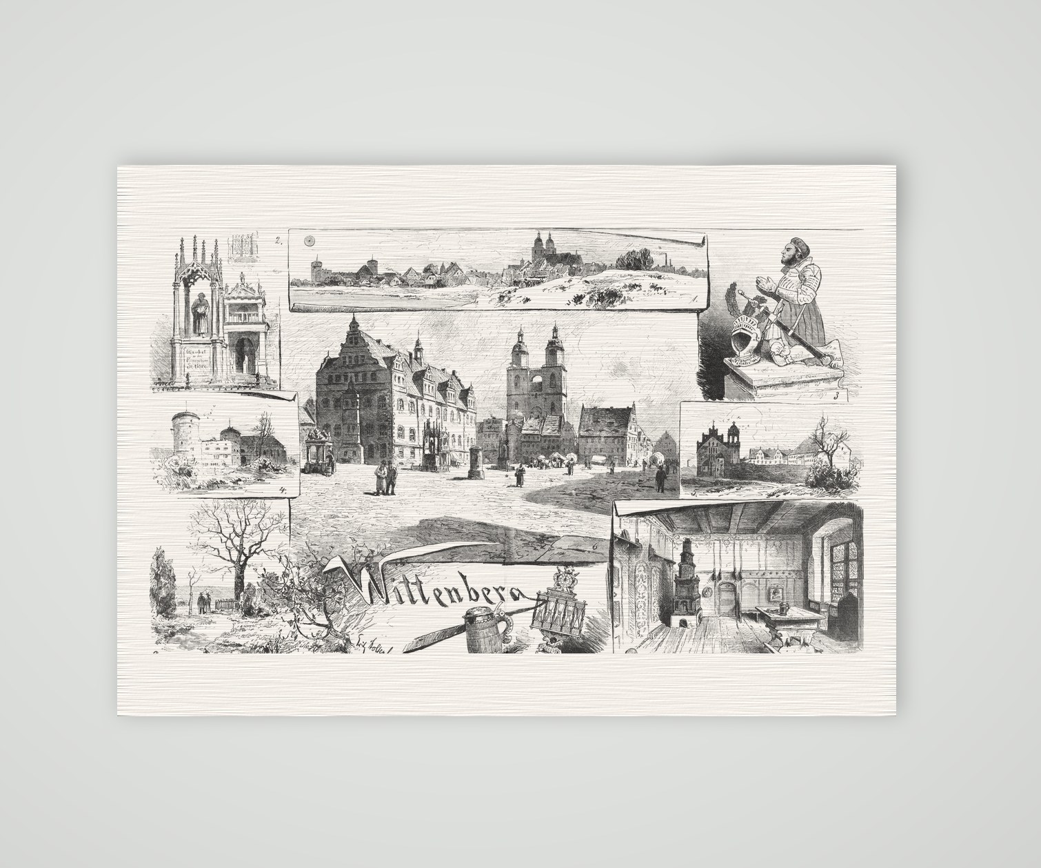Wittenberg Souvenirblatt mit Lutherstätten – Holzstich, Kunstdruck auf Leinenpapier