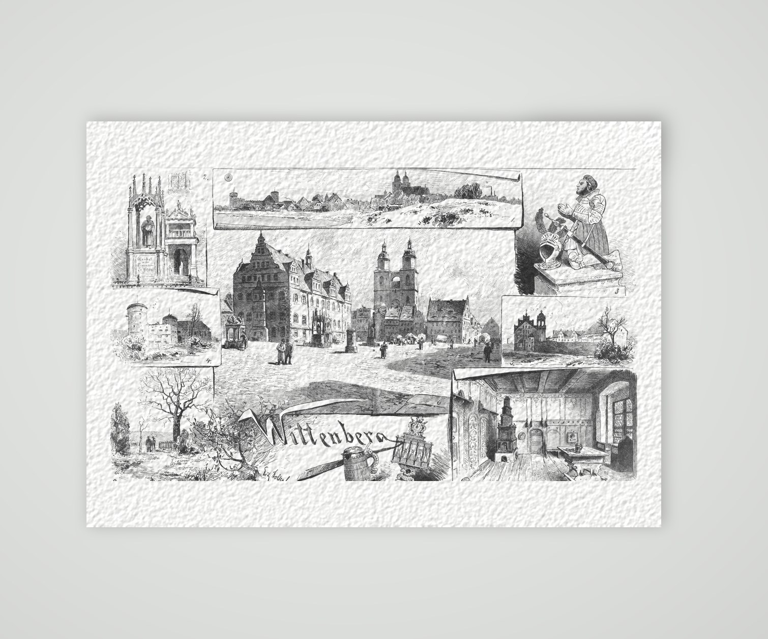 Wittenberg Souvenirblatt mit Lutherstätten – Holzstich, Kunstdruck auf Hahnemühle-Büttenpapier