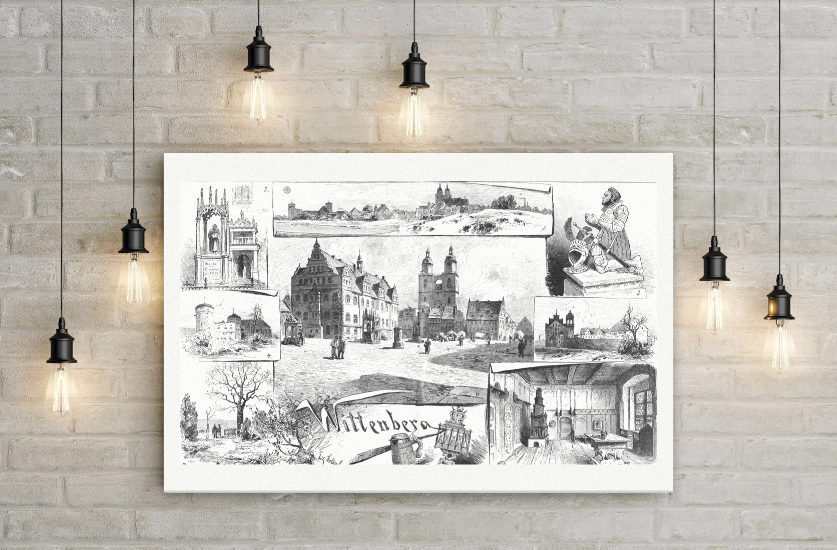 Wittenberg Souvenirblatt mit Lutherstätten – Holzstich, Leinwanddruck auf Holzkeilrahmen an der Wand