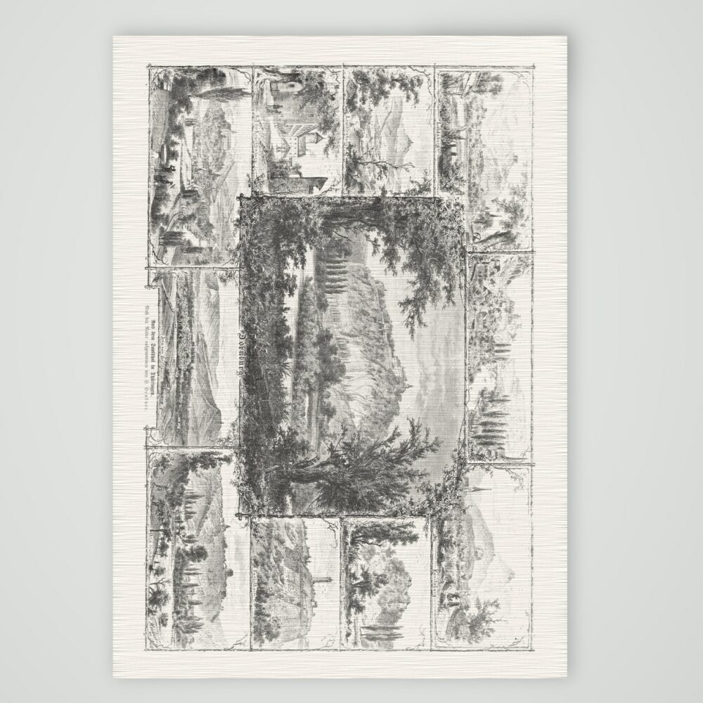 Saaletal Souvenirblatt mit Burgen und Städten – Holzstich, Kunstdruck auf Leinenpapier