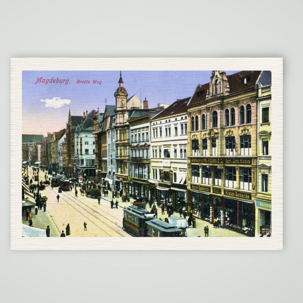 Magdeburg, Breiter Weg mit Straßenbahn und Geschäftshäusern, farbige Ansichtskarte um 1910, Kunstdruck auf Leinenpapier