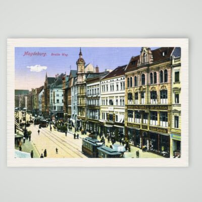 Magdeburg, Breiter Weg mit Straßenbahn und Geschäftshäusern, farbige Ansichtskarte um 1910, Kunstdruck auf Leinenpapier