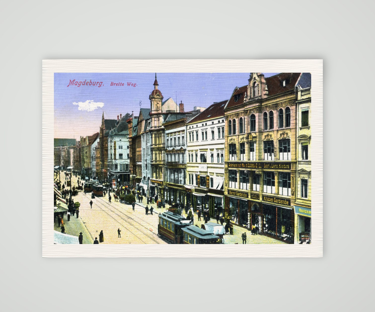 Magdeburg, Breiter Weg mit Straßenbahn und Geschäftshäusern, farbige Ansichtskarte um 1910, Kunstdruck auf Leinenpapier