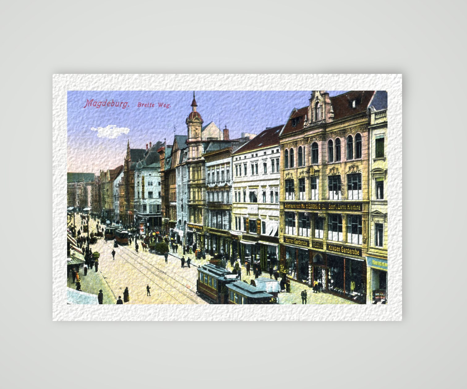 Magdeburg, Breiter Weg mit Straßenbahn und Geschäftshäusern, farbige Ansichtskarte um 1910, Kunstdruck auf Hahnemühle-Büttenpapier