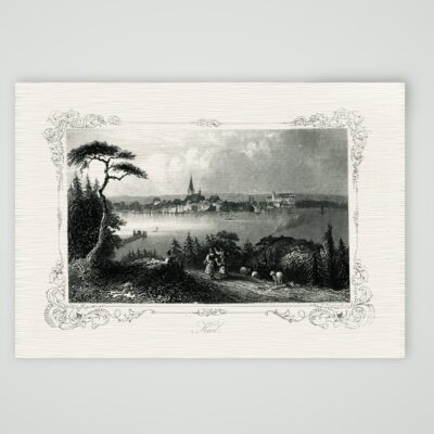 Kiel, Blick über die Förde auf die Stadt, Stahlstich mit Zierrahmen um 1860, Kunstdruck auf Leinenpapier