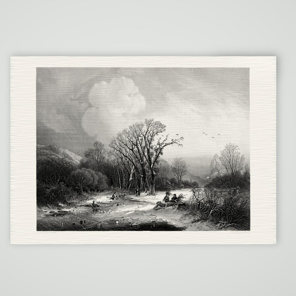Winter am zugefrorenen Wasser – Stahlstich, Kunstdruck auf Leinenpapier