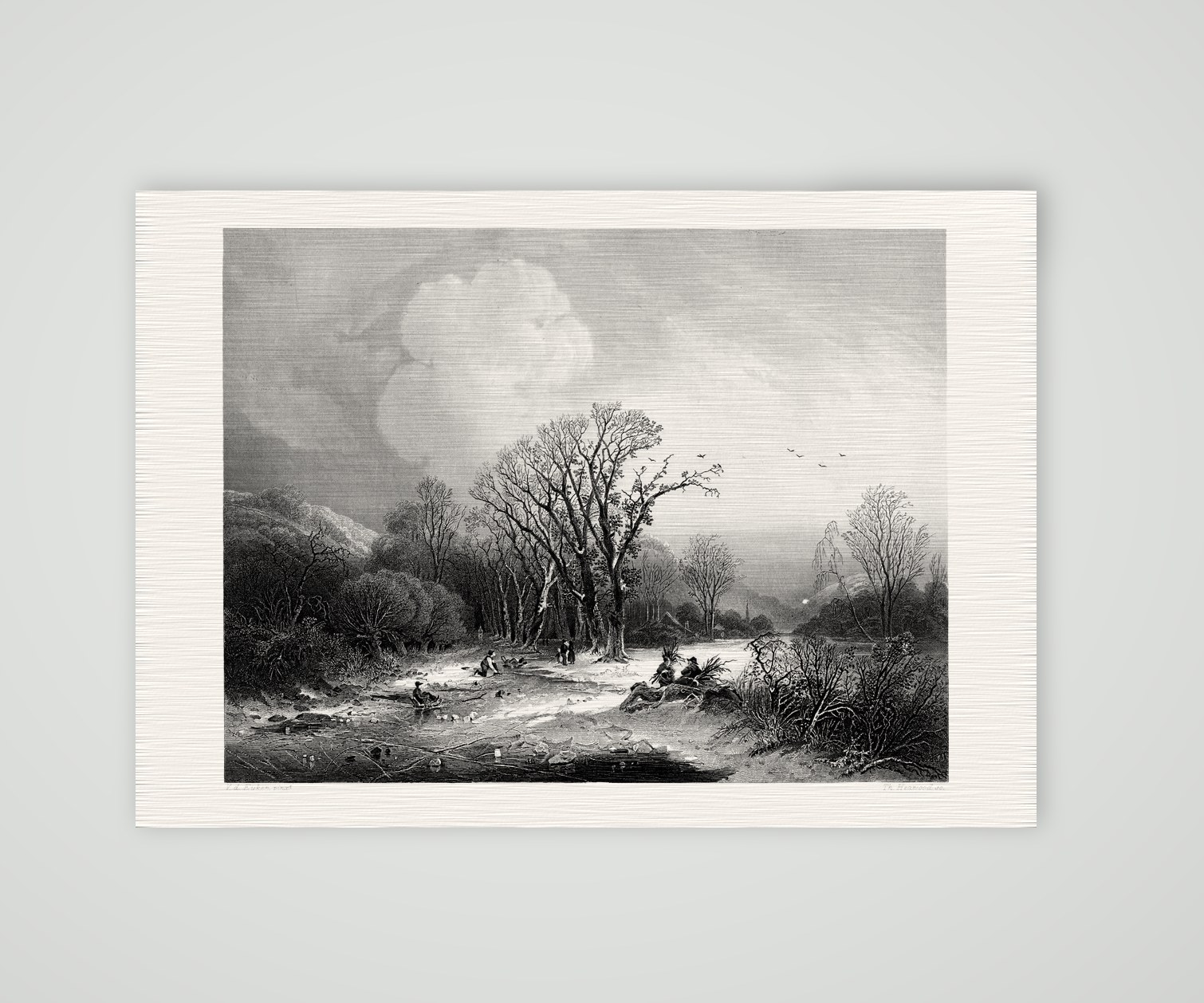Winter am zugefrorenen Wasser – Stahlstich, Kunstdruck auf Leinenpapier
