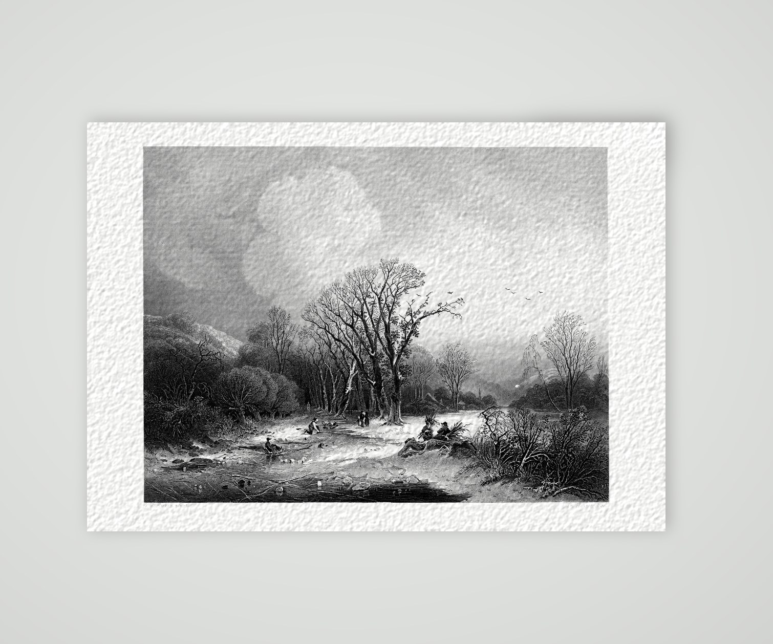 Winter am zugefrorenen Wasser – Stahlstich, Kunstdruck auf Hahnemühle-Büttenpapier