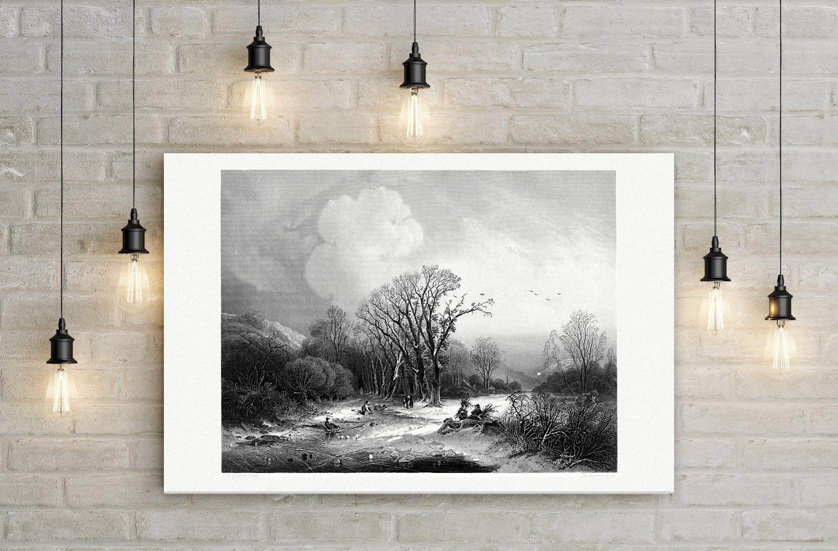 Winter am zugefrorenen Wasser – Stahlstich, Leinwanddruck auf Holzkeilrahmen an der Wand