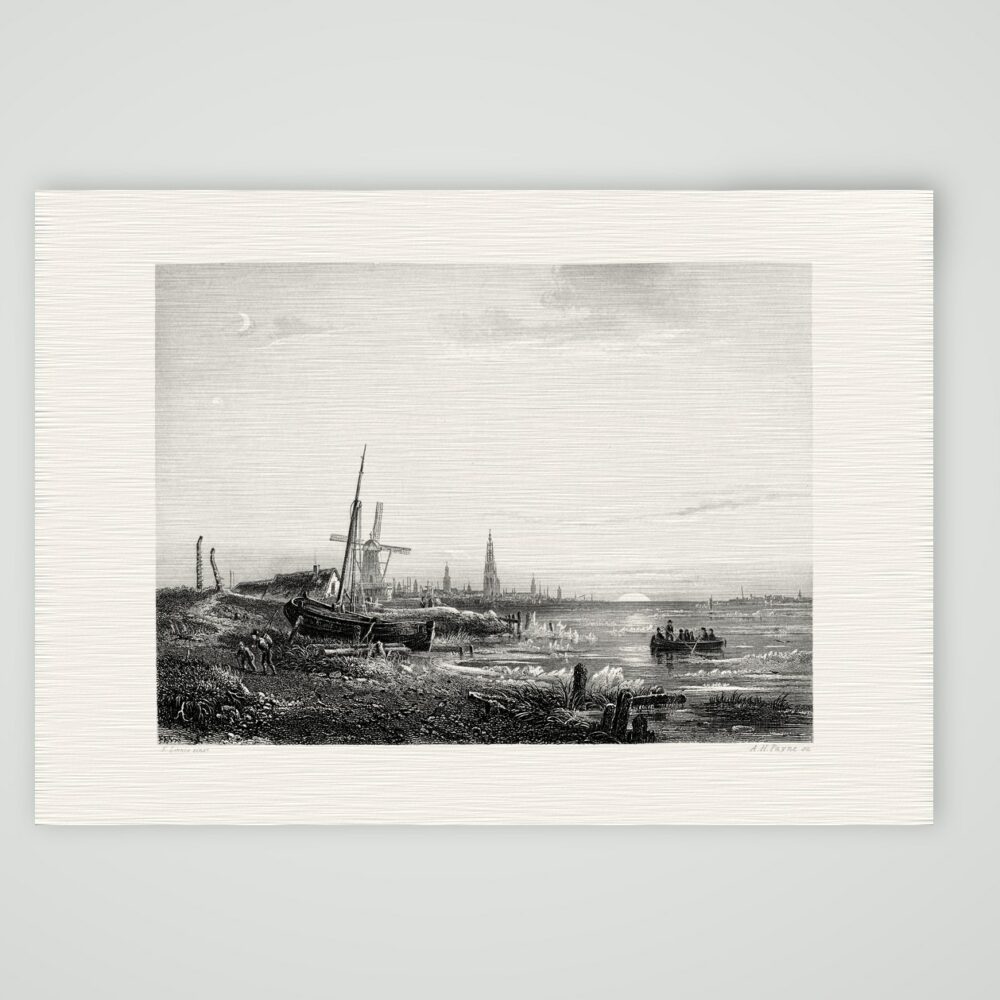 Antwerpen, Blick über die Schelde – Stahlstich, Kunstdruck auf Leinenpapier