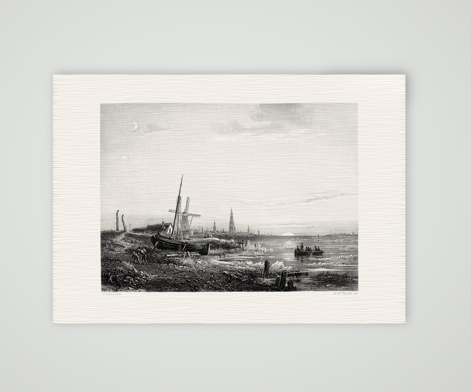 Antwerpen, Blick über die Schelde – Stahlstich, Kunstdruck auf Leinenpapier