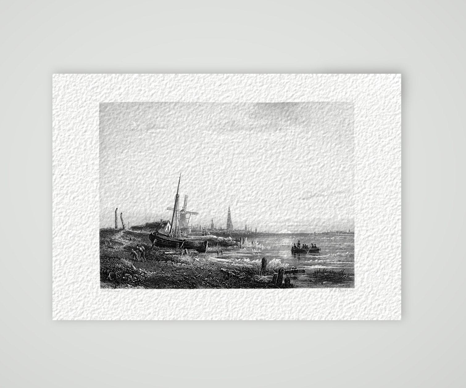 Antwerpen, Blick über die Schelde – Stahlstich, Kunstdruck auf Hahnemühle-Büttenpapier