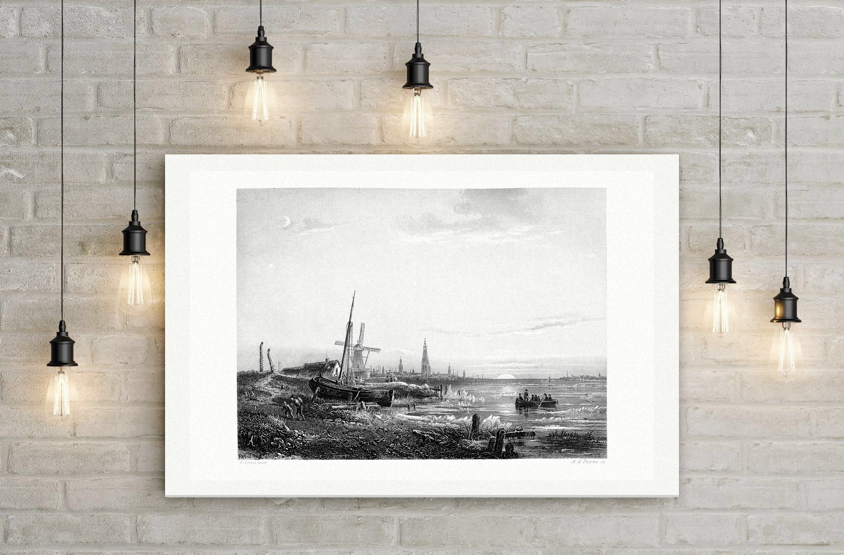 Antwerpen, Blick über die Schelde – Stahlstich, Leinwanddruck auf Holzkeilrahmen an der Wand