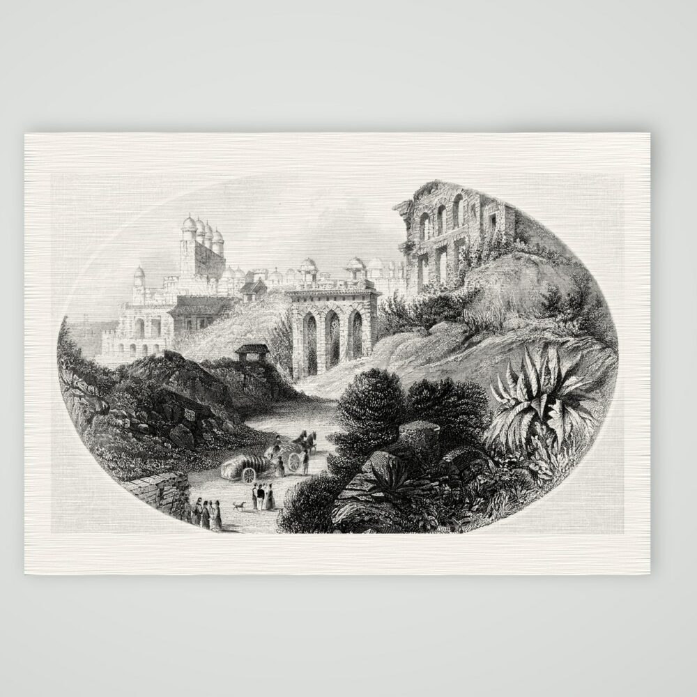 Fatehpur Sikri, Palastruinen – Stahlstich, Kunstdruck auf Leinenpapier