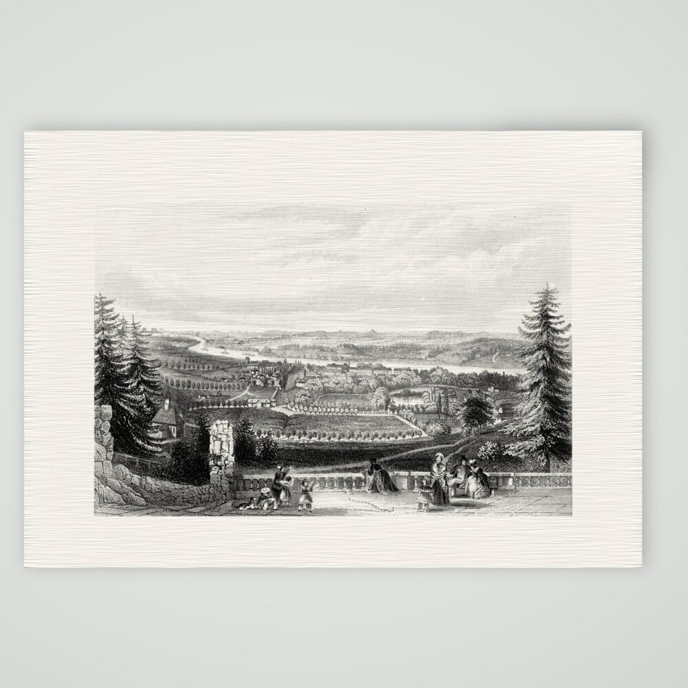 Pillnitz, Blick über die Elbe auf das Schloss – Stahlstich, Kunstdruck auf Leinenpapier