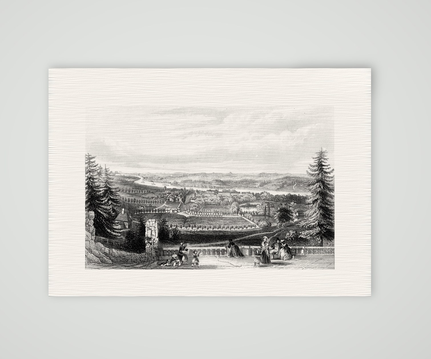 Pillnitz, Blick über die Elbe auf das Schloss – Stahlstich, Kunstdruck auf Leinenpapier