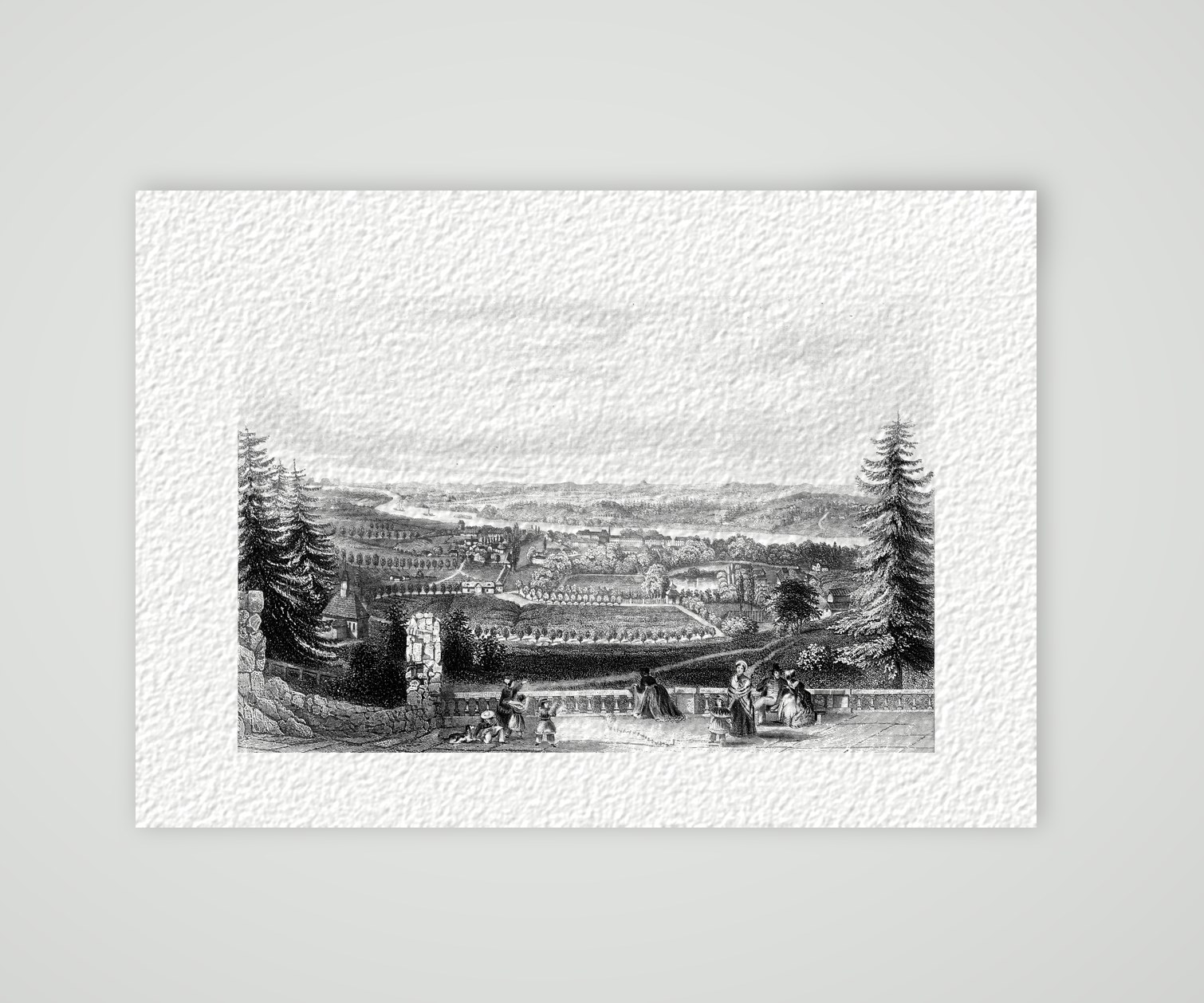 Pillnitz, Blick über die Elbe auf das Schloss – Stahlstich, Kunstdruck auf Hahnemühle-Büttenpapier