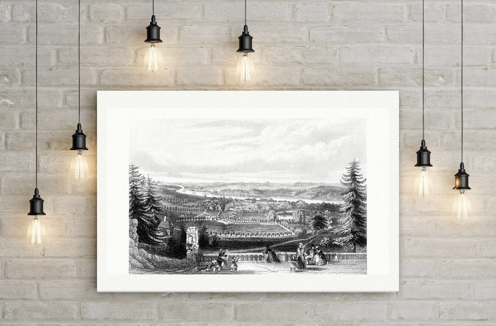 Pillnitz, Blick über die Elbe auf das Schloss – Stahlstich, Leinwanddruck auf Holzkeilrahmen an der Wand