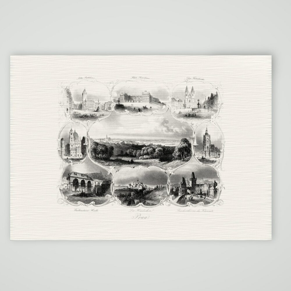 Prag Souvenirblatt – Stahlstich, Kunstdruck auf Leinenpapier