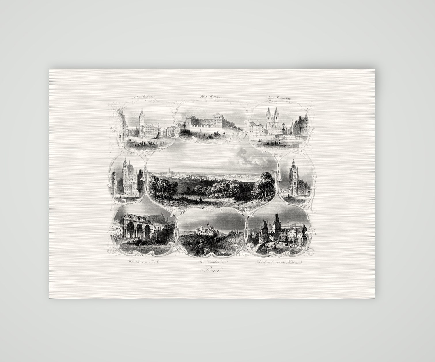 Prag Souvenirblatt – Stahlstich, Kunstdruck auf Leinenpapier