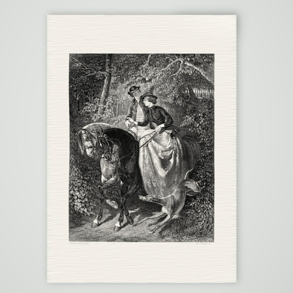 Aufmerksamkeit – Begegnung im Wald – Stahlstich, Kunstdruck auf Leinenpapier