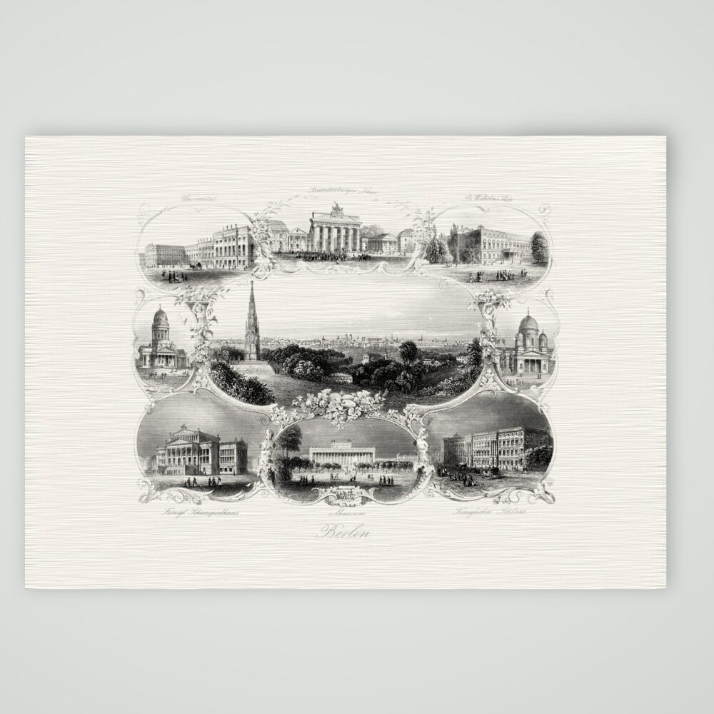 Berlin Souvenirblatt mit Kreuzberg-Denkmal – Stahlstich, Kunstdruck auf Leinenpapier