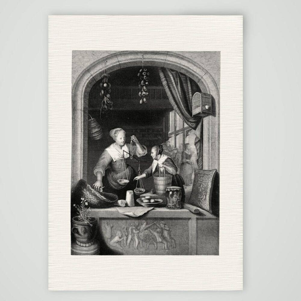Die Verkäuferin – Stahlstich, Kunstdruck auf Leinenpapier