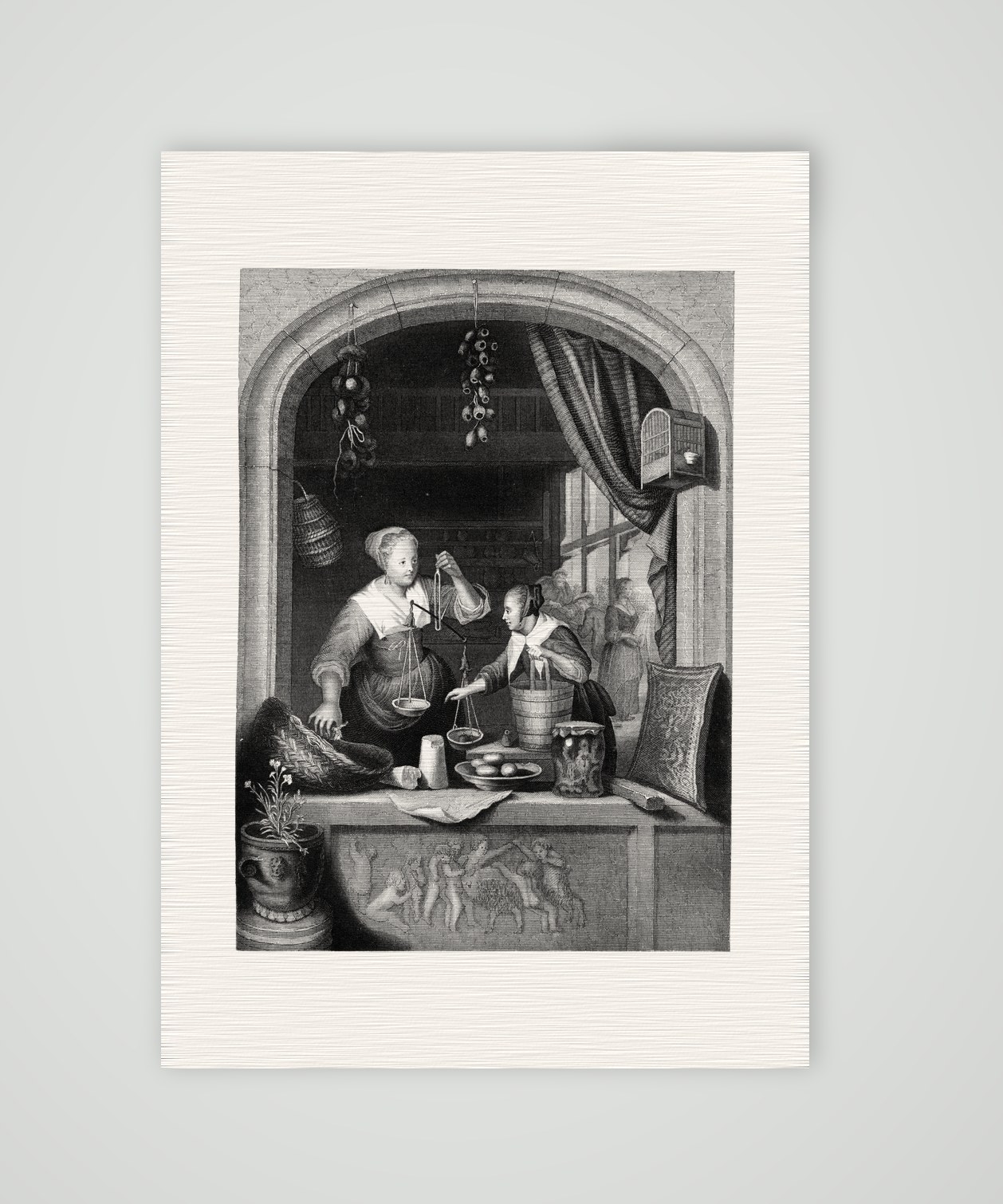 Die Verkäuferin – Stahlstich, Kunstdruck auf Leinenpapier