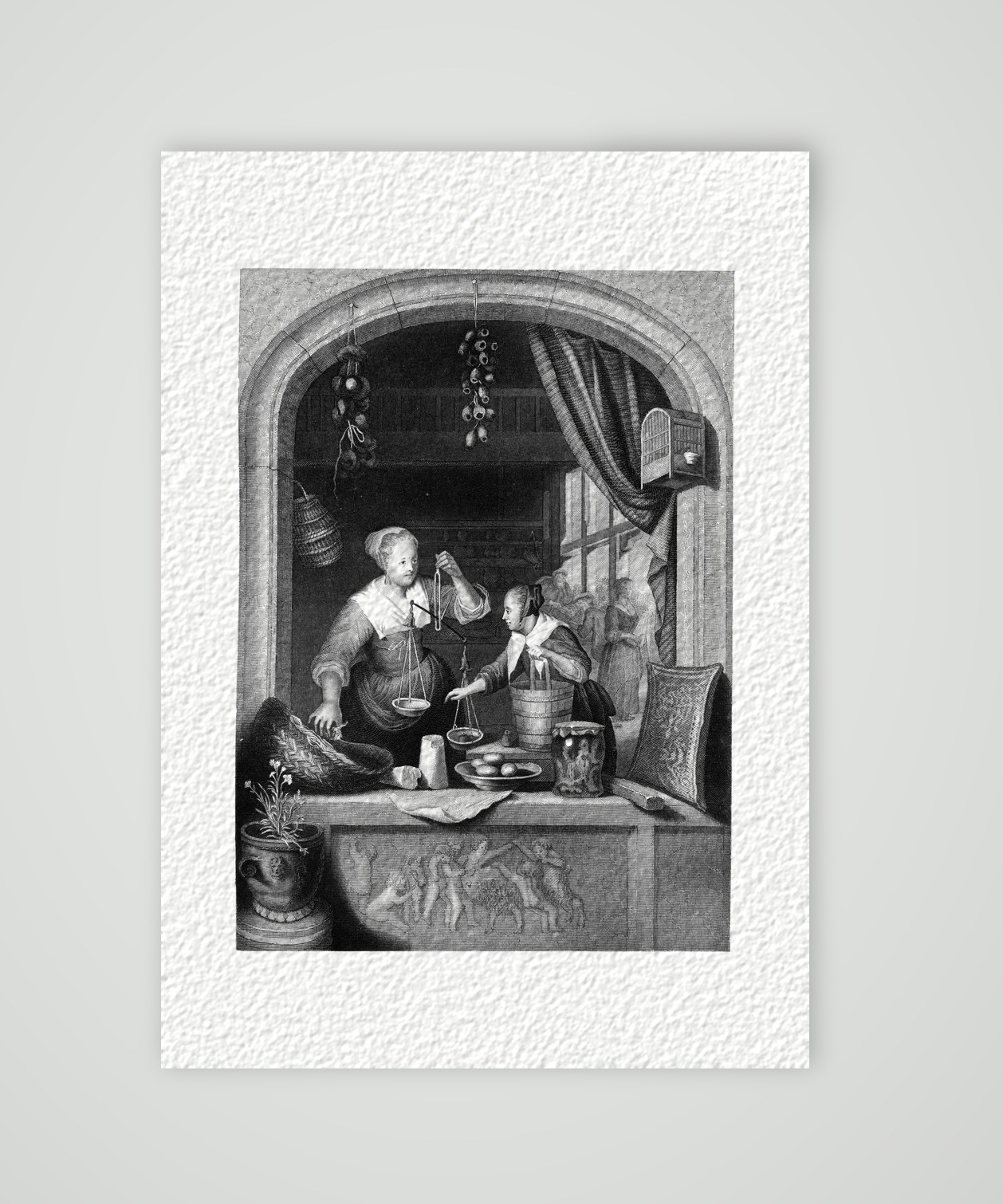 Die Verkäuferin – Stahlstich, Kunstdruck auf Hahnemühle-Büttenpapier