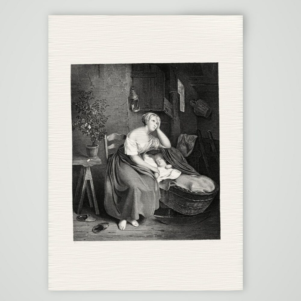 Die verlassene Mutter – Stahlstich, Kunstdruck auf Leinenpapier