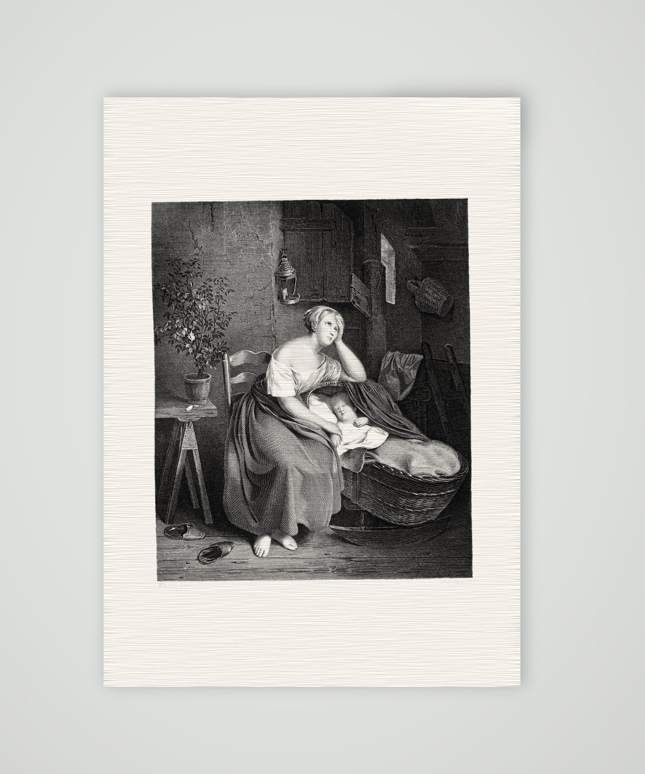Die verlassene Mutter – Stahlstich, Kunstdruck auf Leinenpapier