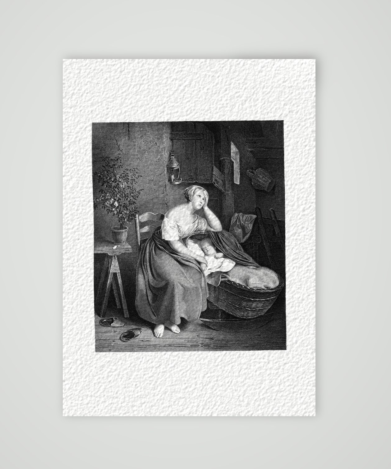 Die verlassene Mutter – Stahlstich, Kunstdruck auf Hahnemühle-Büttenpapier