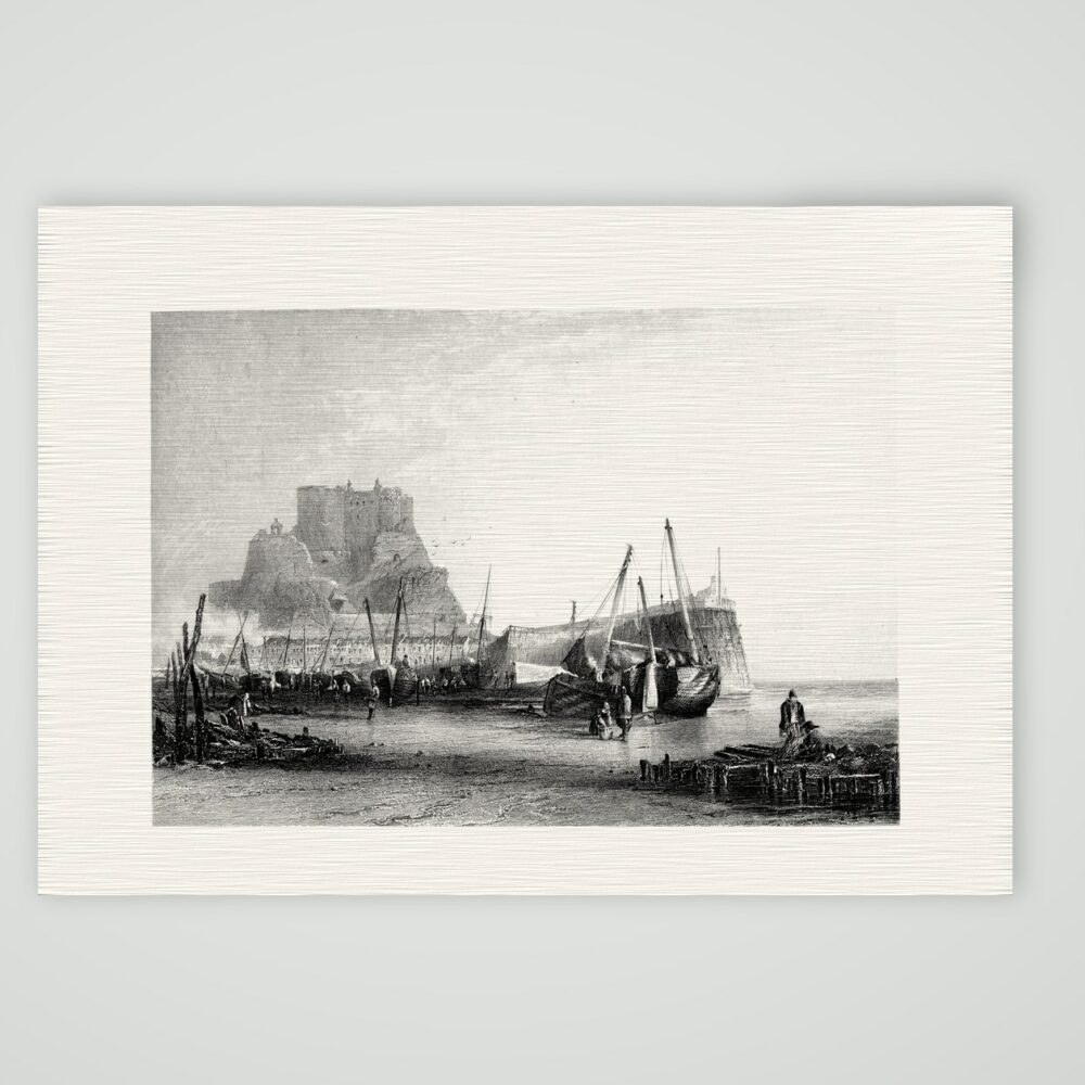 Jersey, Mont Orgueil – Stahlstich, Kunstdruck auf Leinenpapier