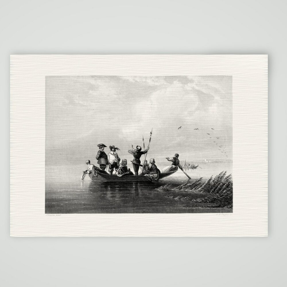 Graf Egmont auf der Flucht über den Fluss – Stahlstich, Kunstdruck auf Leinenpapier
