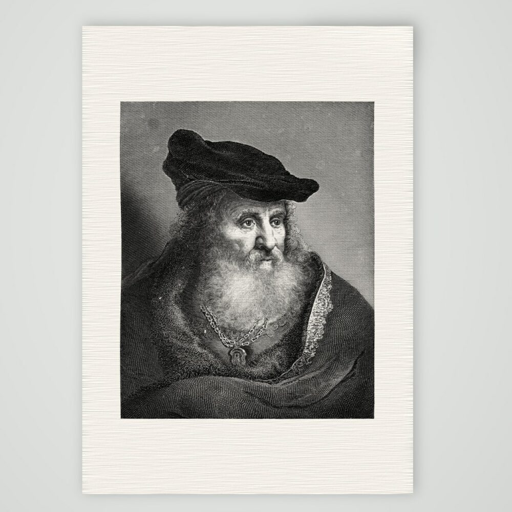 Bildnis eines alten Mannes nach Rembrandt – Stahlstich, Kunstdruck auf Leinenpapier