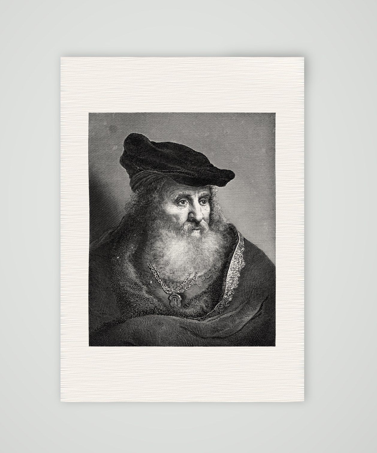 Bildnis eines alten Mannes nach Rembrandt – Stahlstich, Kunstdruck auf Leinenpapier