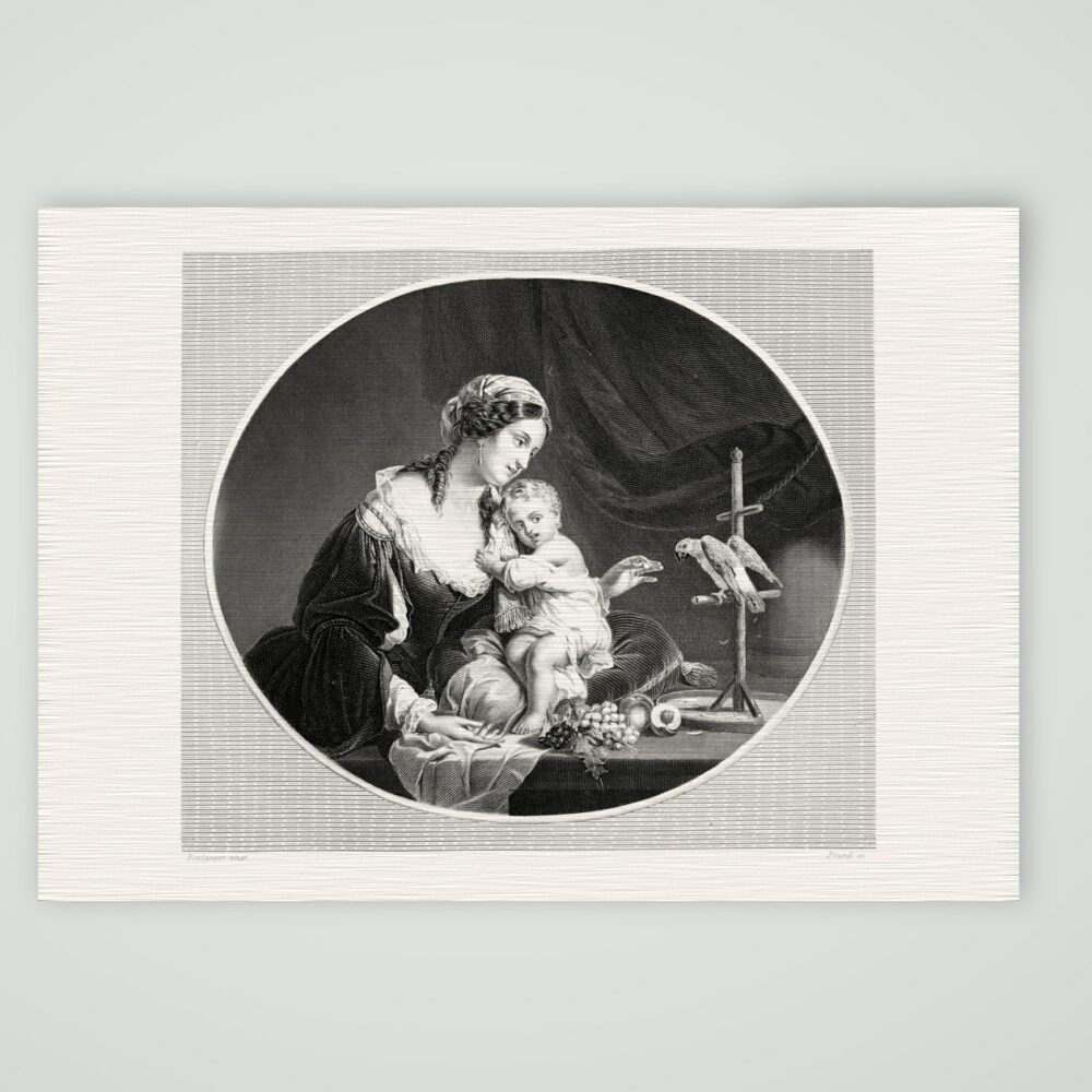 Dame und Papagei – Stahlstich, Kunstdruck auf Leinenpapier