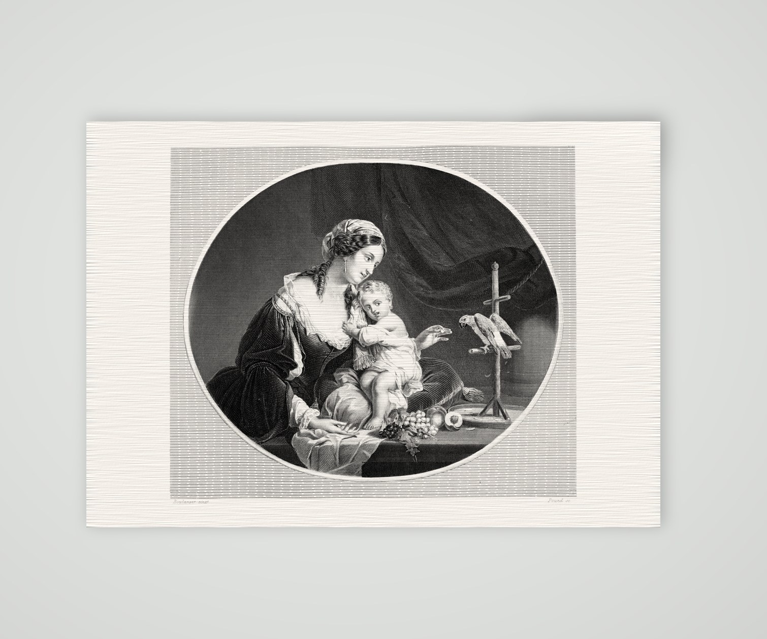 Dame und Papagei – Stahlstich, Kunstdruck auf Leinenpapier