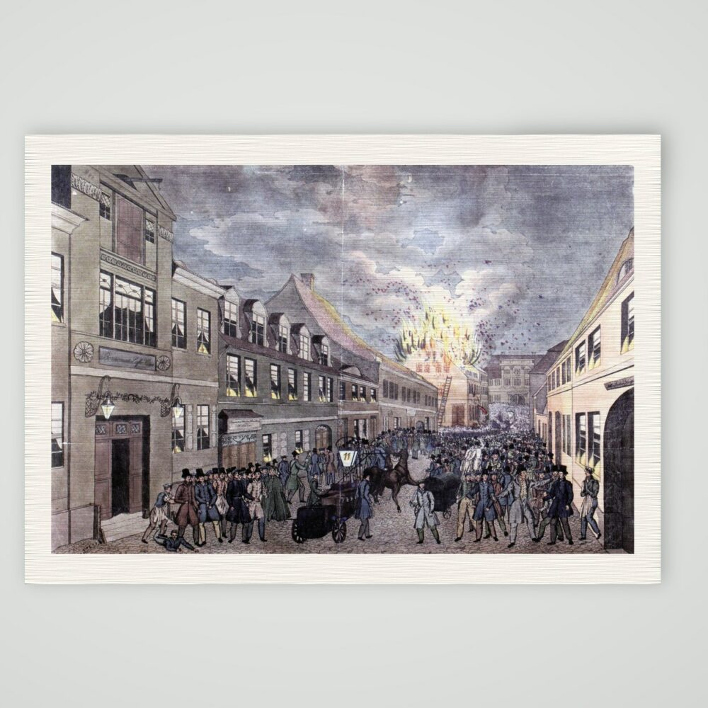 Magdeburg, Großbrand in der Steinernen-Tisch-Straße 1836 mit Menschenmenge und Feuerwehrleitern, kolorierte Aquatinta, Kunstdruck auf Leinenpapier