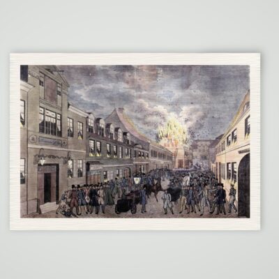 Magdeburg, Großbrand in der Steinernen-Tisch-Straße 1836 mit Menschenmenge und Feuerwehrleitern, kolorierte Aquatinta, Kunstdruck auf Leinenpapier