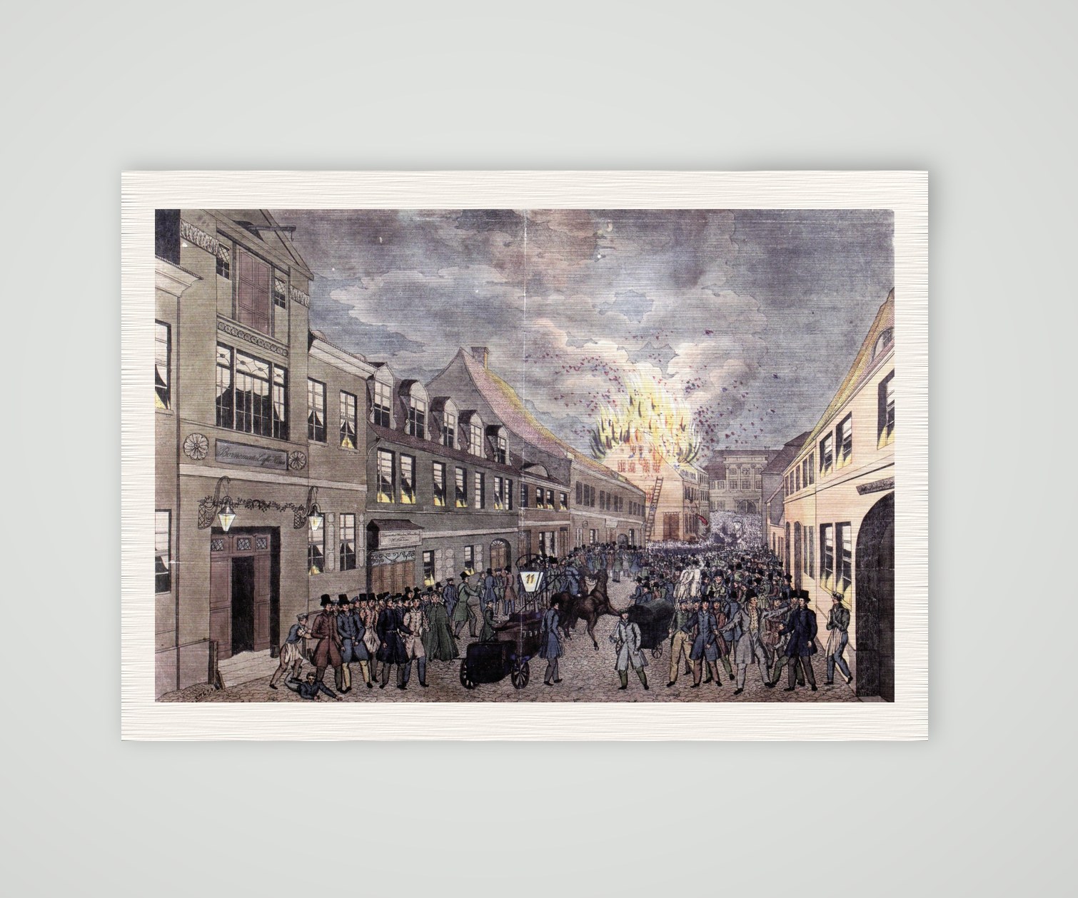 Magdeburg, Großbrand in der Steinernen-Tisch-Straße 1836 mit Menschenmenge und Feuerwehrleitern, kolorierte Aquatinta, Kunstdruck auf Leinenpapier