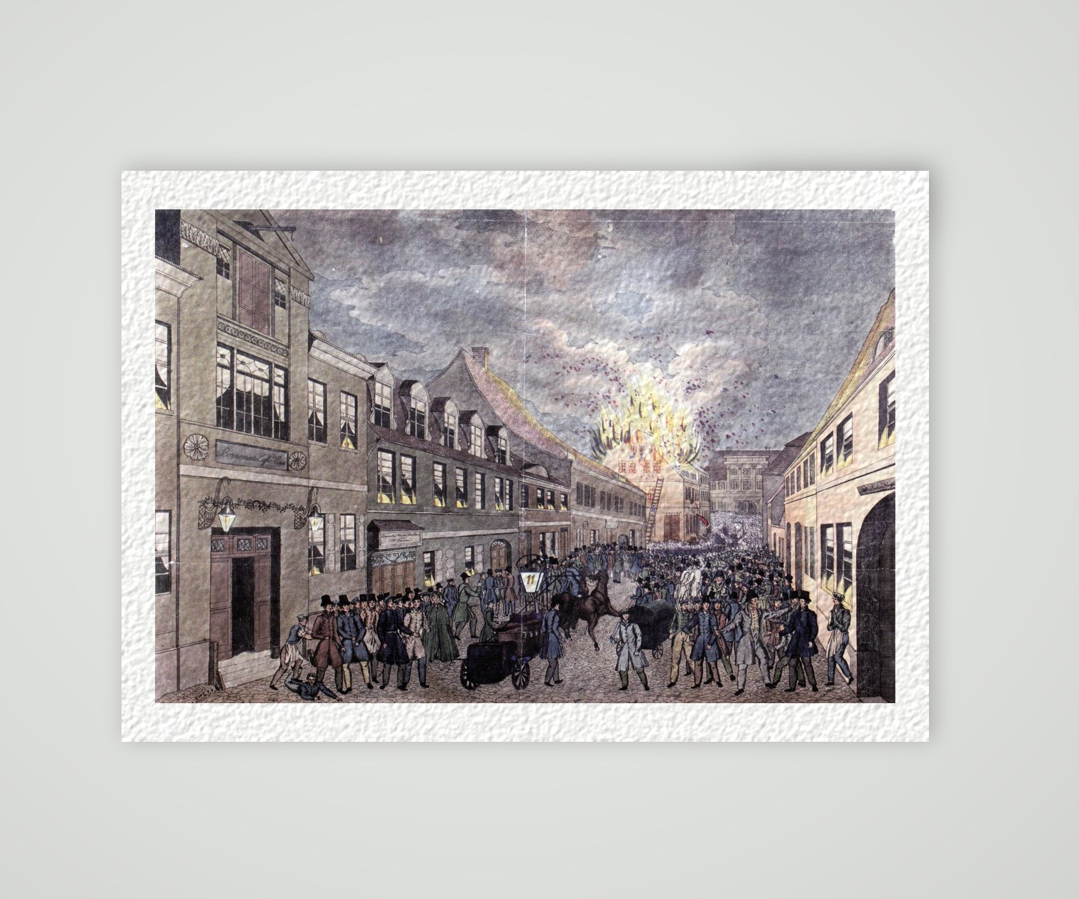 Magdeburg, Großbrand in der Steinernen-Tisch-Straße 1836 mit Menschenmenge und Feuerwehrleitern, kolorierte Aquatinta, Kunstdruck auf Hahnemühle-Büttenpapier