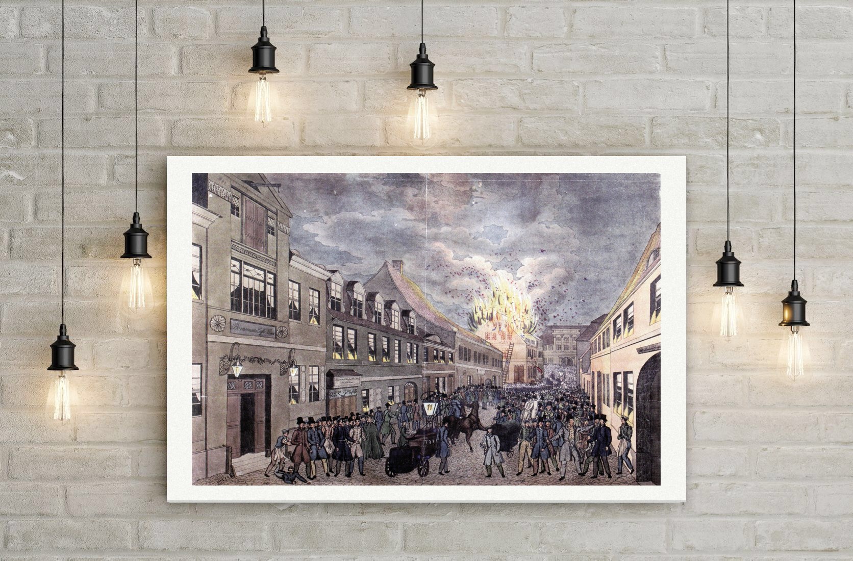 Magdeburg, Großbrand in der Steinernen-Tisch-Straße 1836 mit Menschenmenge und Feuerwehrleitern, kolorierte Aquatinta, Leinwanddruck auf Holzkeilrahmen an der Wand