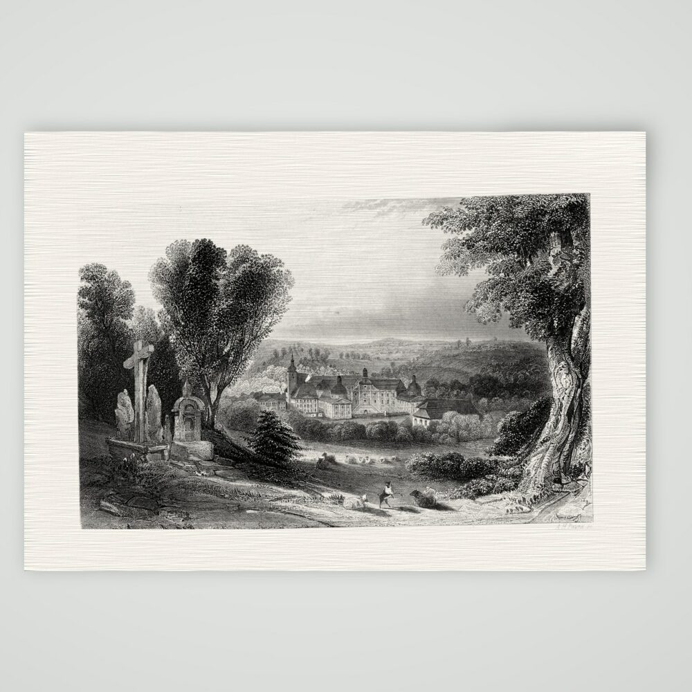 Marienthal in Sachsen, das Kloster – Stahlstich, Kunstdruck auf Leinenpapier
