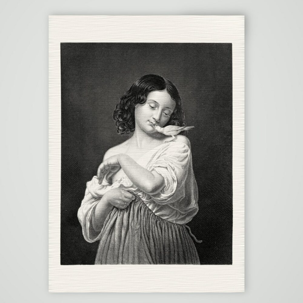 Der Liebling – Mädchen mit Taube – Stahlstich, Kunstdruck auf Leinenpapier