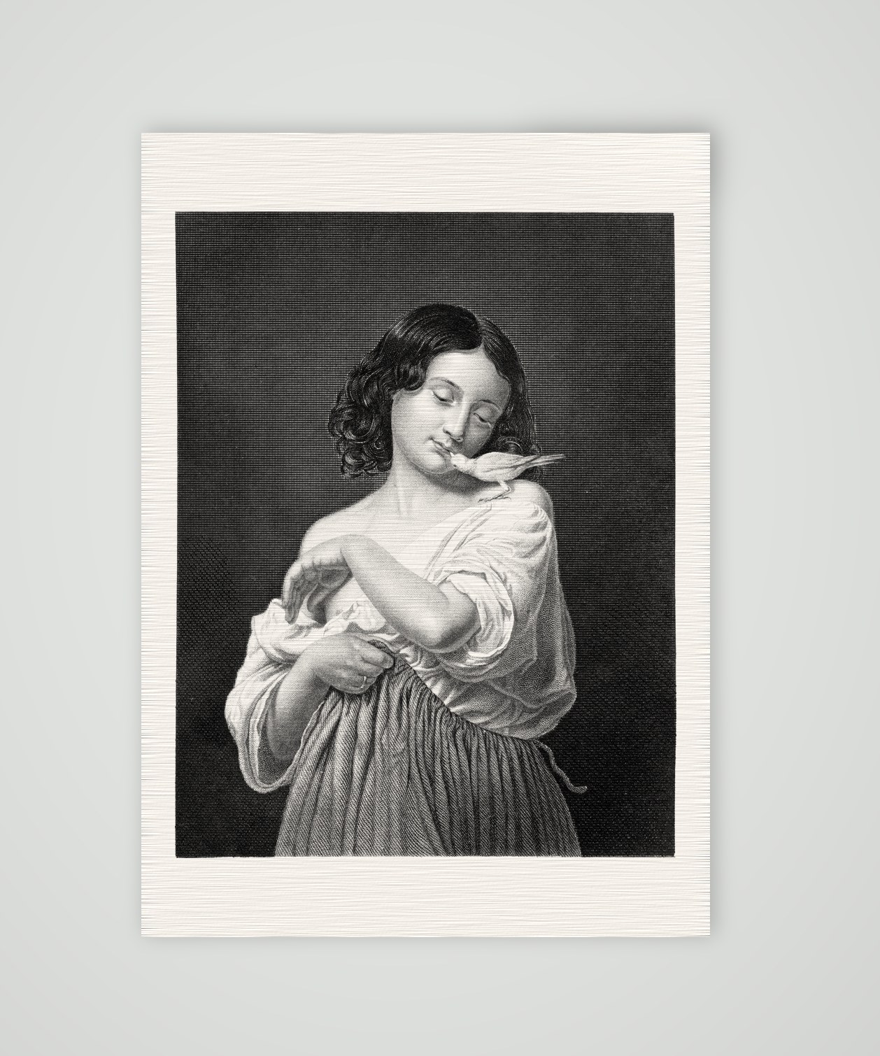 Der Liebling – Mädchen mit Taube – Stahlstich, Kunstdruck auf Leinenpapier