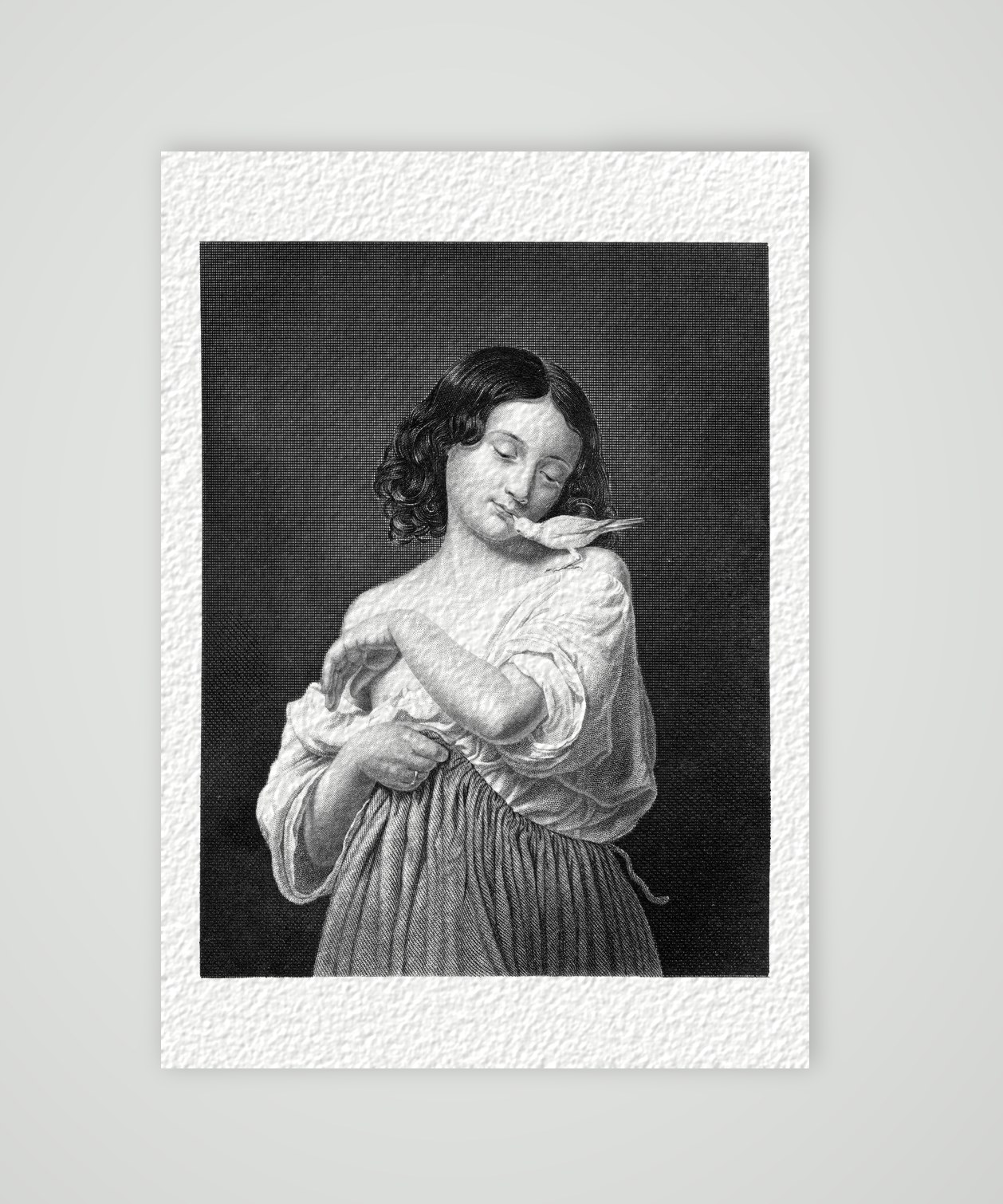 Der Liebling – Mädchen mit Taube – Stahlstich, Kunstdruck auf Hahnemühle-Büttenpapier