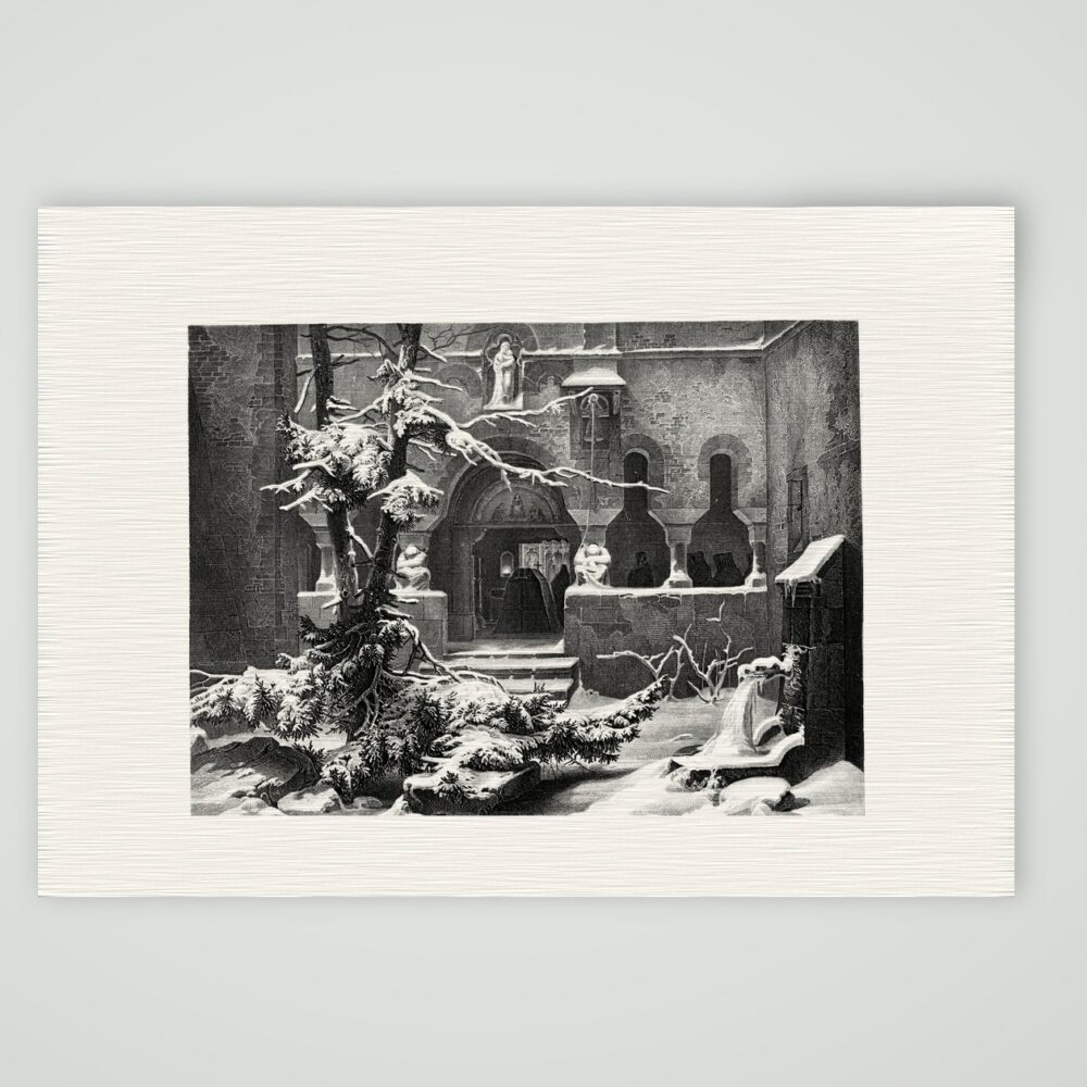 Der Klosterhof im Winter – Stahlstich, Kunstdruck auf Leinenpapier