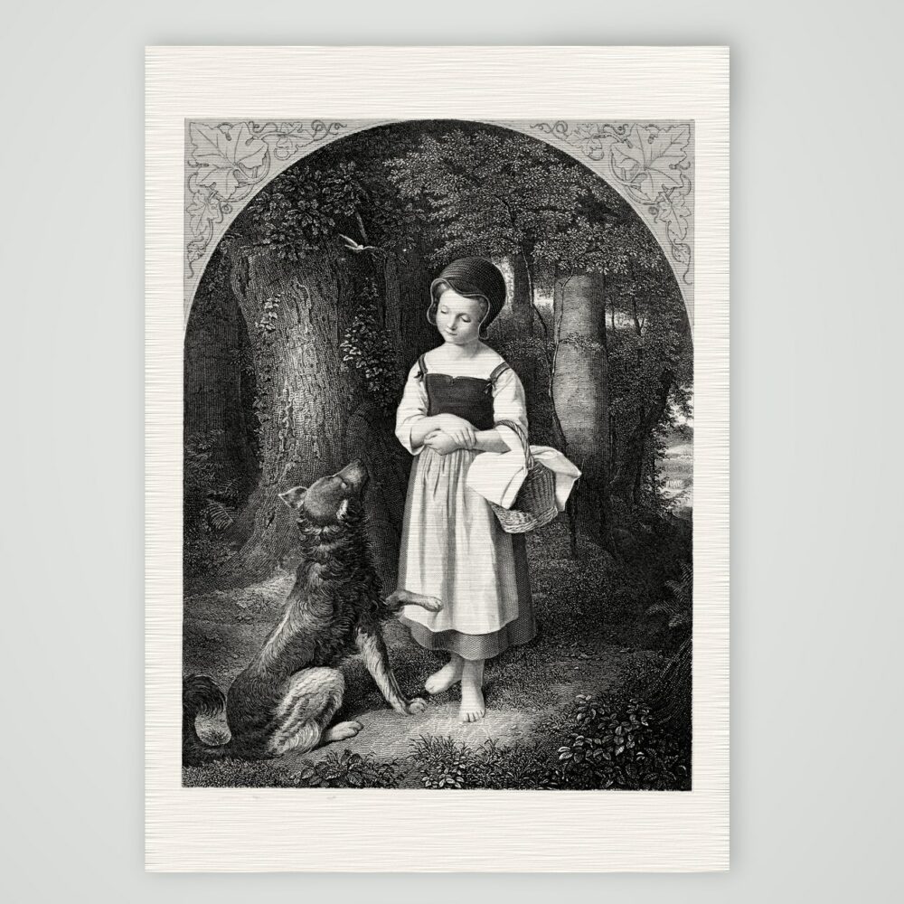 Rotkäppchen und der Wolf – Stahlstich, Kunstdruck auf Leinenpapier