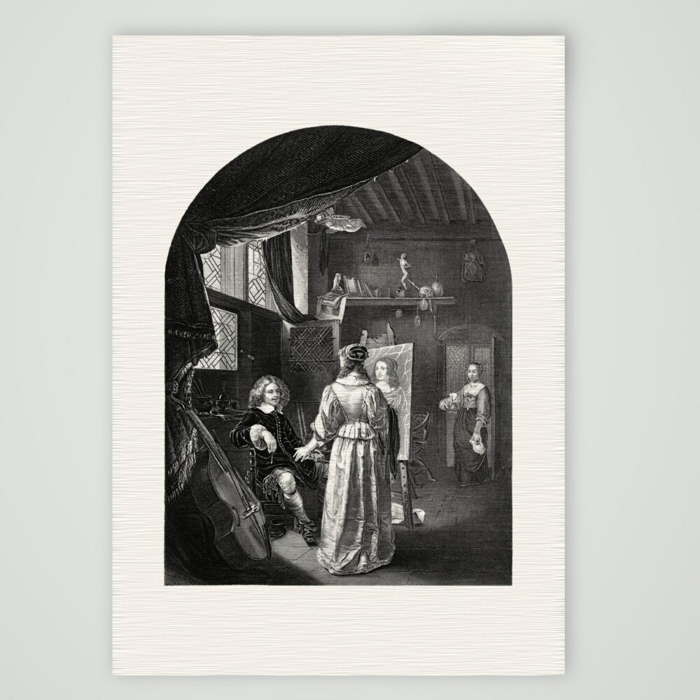 Mieris in seinem Atelier – Stahlstich, Kunstdruck auf Leinenpapier